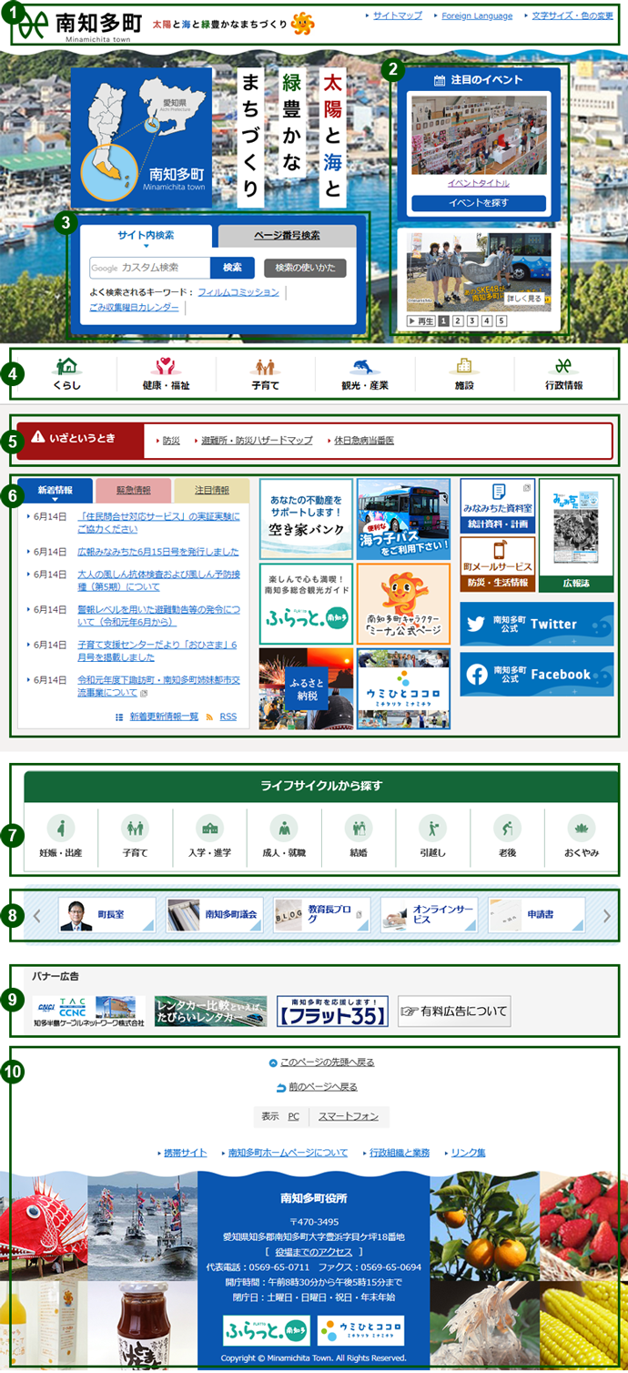 南知多町公式ウェブサイトトップページの構成